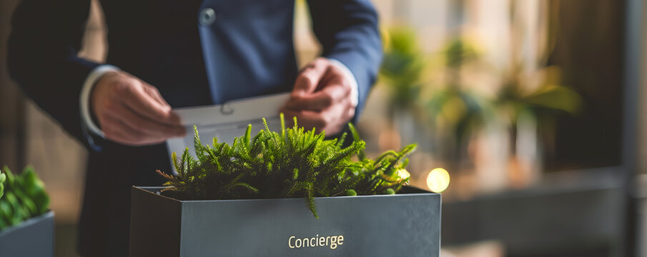 Close up of the "Concierge" sign on the front desk at a luxury hotel in hotel lobby with a receptionist