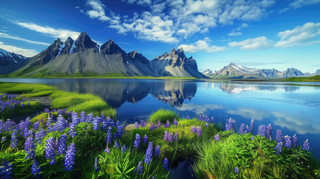 Fototapeta Stokksnes, Iceland with the Stordspecies of vestrahorn mountain in the background, a small lake and blue skies, purple flowers, green grass