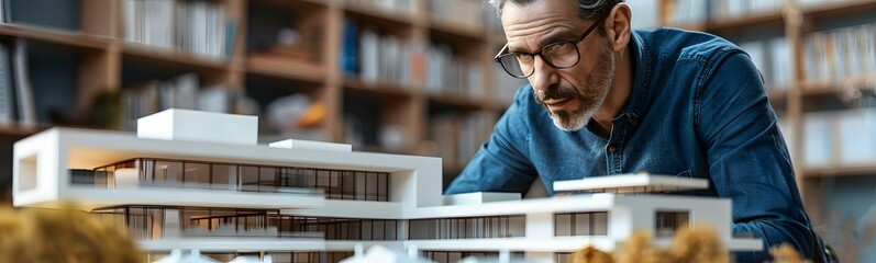 With precision and care, an architect meticulously adds final touches to a scale model of a modern house, ensuring every detail of the miniature construction is perfected. - obrazy, fototapety, plakaty
