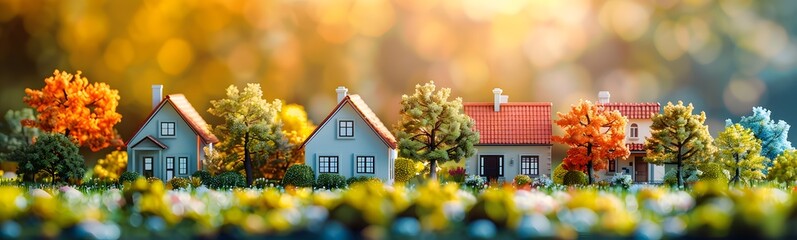 Delightful miniature models of houses surrounded by the vibrant colors of autumn trees and foliage, creating a picturesque seasonal scene. - obrazy, fototapety, plakaty