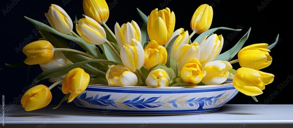 Wall mural A beautiful flower arrangement of yellow and white tulips in a vase, creating a vibrant centerpiece on a table for a special event