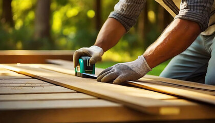 Hands of a man measuring and cutting wooden planks for a DIY home improvement project.