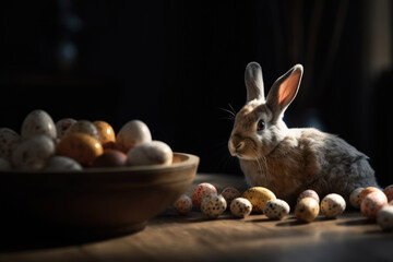 Easter bunny rabbit and colorful easter eggs. Cute little gray rabbit and painted easter eggs on a table in kitchen interior. Easter still life, Easter wallpaper - Powered by Adobe