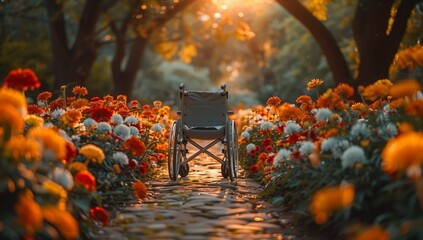 A wheelchair is placed among a field of colorful flowers in a picturesque natural landscape, resembling a beautiful painting in a deciduous ecoregion