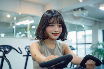 ジムでフィットネスバイクで運動・トレーニングをする日本人女性(美人モデル)