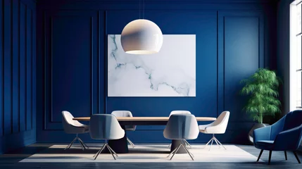 Fototapeten A sleek meeting space in deep navy blue hues, featuring an empty white frame against a backdrop of contemporary, minimalist furnishings. © LOVE ALLAH LOVE