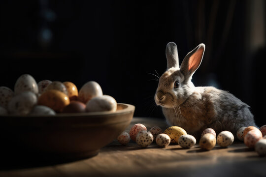 Easter bunny rabbit and colorful easter eggs. Cute little gray rabbit and painted easter eggs on a table in kitchen interior. Easter still life, Easter wallpaper