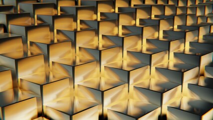 Close-up of reflective golden cubes arranged symmetrically with soft lighting creating a luxurious texture. 3d render
