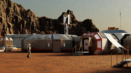 Astronaut near a Martian colony with habitat modules and a rocky cliff under a hazy sky. 3d render