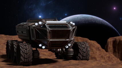 Six wheeled exploration rover stands on a barren alien planet, with a large moon rising in the background. 3d render - obrazy, fototapety, plakaty