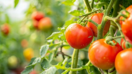 Ripe tomato plant growing in greenhouse.
