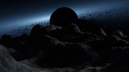 Otherworldly landscape features rugged terrain under a night sky, with a shadowed planet rising...