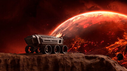 Rover traverses rocky ground with a massive, fiery red planet looming in the sky. 3d render © angel_nt