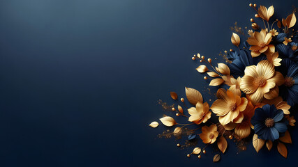Złoto granatowy kwiatowy baner, tapeta z miejscem na tekst, generative ai