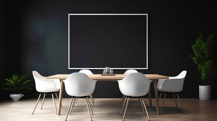 A sleek meeting room with minimalist furniture and a large blank white frame hanging on a black wall.