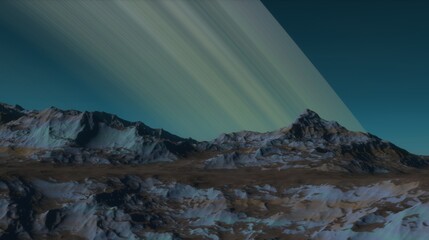 Planet massive rings seen from rugged mountainous surface, casting gradient of light across sky, mountain landscape. 3d render