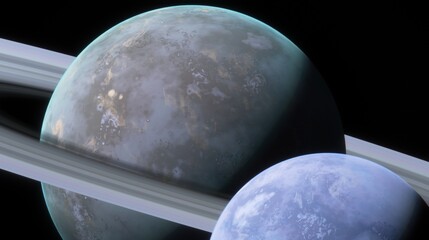 Celestial planet bodies with vivid hues, showcasing detailed expanse of planetary rings and textured planetary surfaces, sense of serene cosmic beauty. 3d render © angel_nt