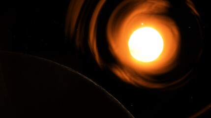 Luminous star emits intense light and energy, with a planet silhouetted against swirling solar...