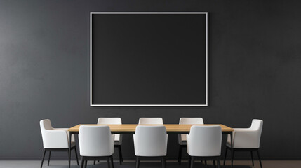 A sleek meeting room with minimalist furniture and a large blank white frame hanging on a black wall.