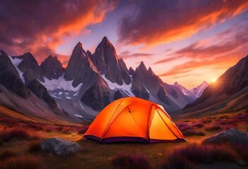 glowing orange tent is nestled among the rugged mountains, set against a dramatic evening sky - obrazy, fototapety, plakaty