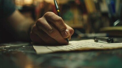 Obraz premium human hand writing on paper closeup in the foreground, detail of pen and fingers, handwriting a note and text, document writing in office