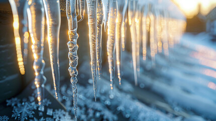 Frozen Elegance: Intricate Icicles on a Winter Roof Edge - obrazy, fototapety, plakaty