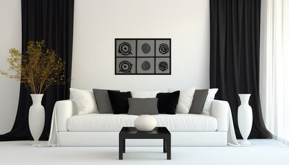 Black and white metal wall art in a modern living room interior 3d render