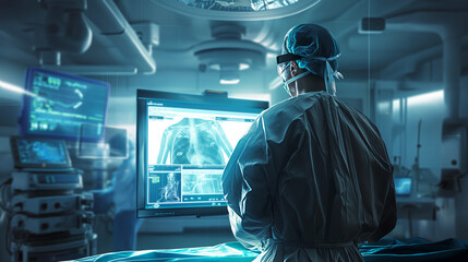 Surgeon Analyzing X-Ray Images in Operating Room - obrazy, fototapety, plakaty