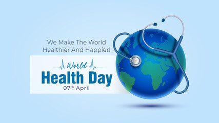 World health day theme. Health care doctor stethoscope with World globe. 3D illustration
