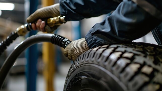 hands holding hose pumping car tire at vulcanizing workshop, closeup of mechanic inflating tire, automotive repair service and maintenance, garage tools and equipment