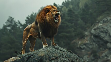 wild lion roaring on mountain peak in forest, realistic wildlife photography © CinimaticWorks