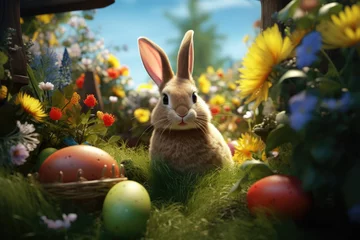 Fotobehang Cute Easter Bunny and Easter Eggs in Green Grass in Garden. Beautiful Easter Wallpaper, Background for Easter Greeting Card and Banner Design © maxa0109