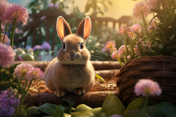Cute Easter Bunny with Flowers in Garden, closeup. Happy Easter