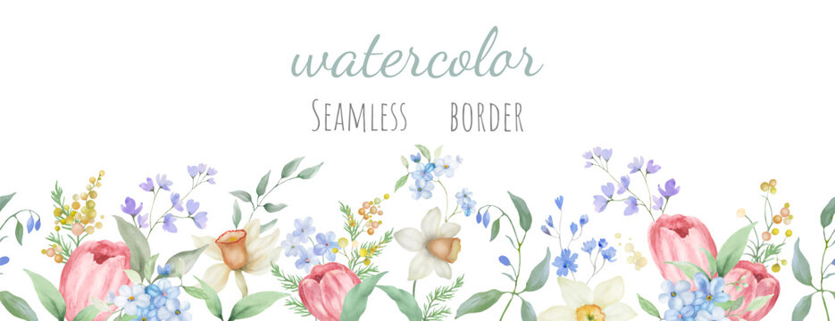 Watercolor seamless border. Hand drawn illustration isolated on white background. Vector EPS.