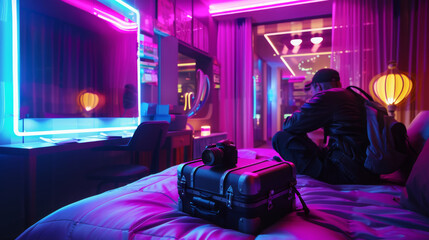 A photographer sits in a vibrant neon-lit hotel room at night, reflecting a modern, futuristic ambiance.