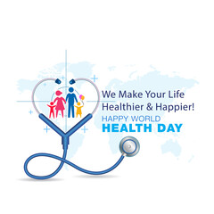 Medical stethoscope with Happy family for World health day awareness theme poster.