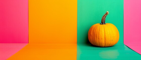   Orange pumpkin on colorful wall with green stem
