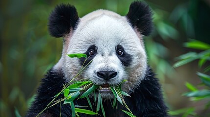 closeup of cute panda munching on bamboo highlighting its fluffy black and white fur