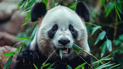 adorable panda eating bamboo in closeup capturing the fluffy black and white bear in nature