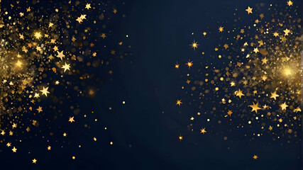 Abstract background with gold stars, particles and sparkling on navy blue. Christmas Golden light...
