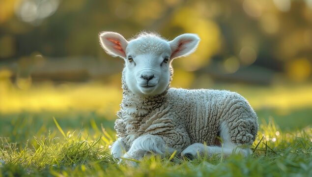 A lamb is peacefully resting in the grass of the Ecoregion, gazing at the camera in the natural landscape of the meadow