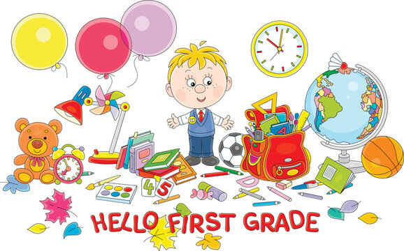 Greeting card with a funny little schoolboy first grader before start of classes, completing his schoolbag with textbooks, exercise books, rules, pencils and pens in a room with balloons and a globe