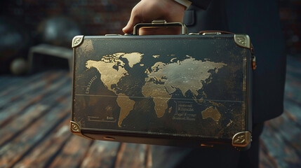 Global Business Leadership: Hand Holding Briefcase with World Map - obrazy, fototapety, plakaty