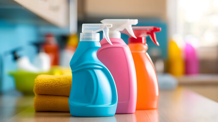 Cleaning detergents products on the table in the kitchen, close-up