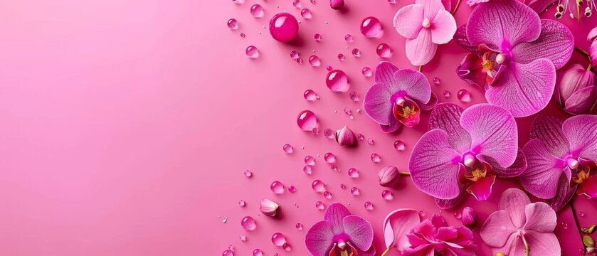   Pink blossoms adorn a serene background as droplets of water glisten on their petals, offering the perfect canvas for inserting captivating text or images