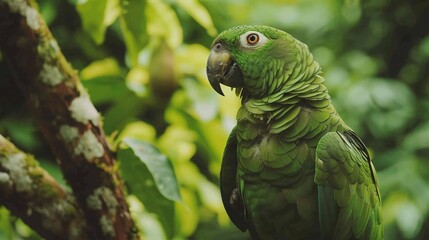 Fototapeta premium closeup of an exotic green parrot perched on a tree in the green forest, highlighting the bird's colorful feathers and natural habitat in the tropical jungle