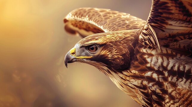 closeup of a hawk bird in flight with wings spread and detailed feathers soaring in the blue sky and natural landscape