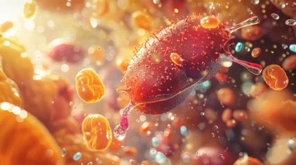 Fotobehang A 3D depiction of fatsoluble vitamins being stored in the liver and fatty tissues, showing longterm storage and release mechanisms , 3D Render © Pungu x