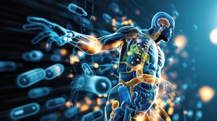 A 3D depiction of Vitamin B2 Riboflavin at work within the human body, highlighting its involvement in energy production and skin health , 3D Render - obrazy, fototapety, plakaty