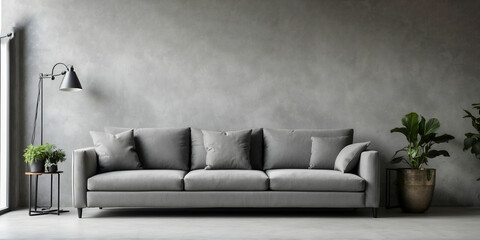 grey sofa with terra cotta pillows against black wall with shelves and posters